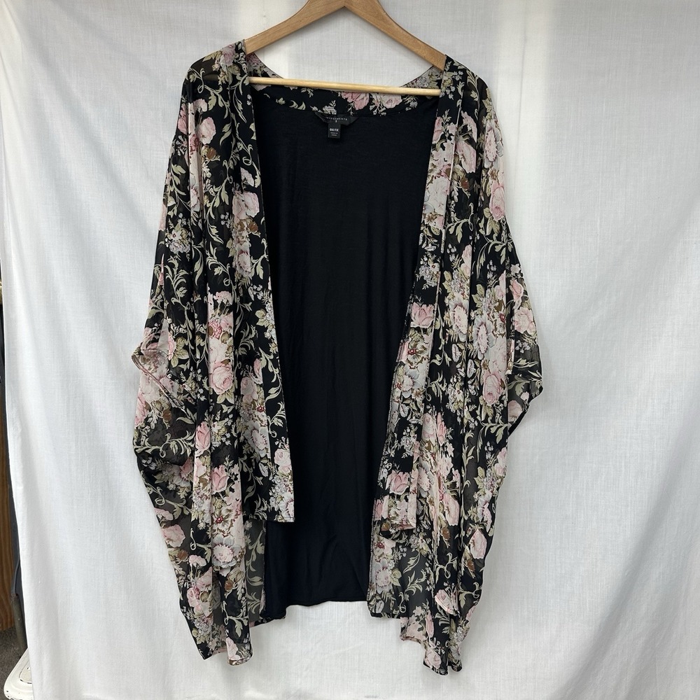 INVESTMENTS Women's 0X / 1X Black‎ Pink Open Front Floral Kimono Cardigan Sheer